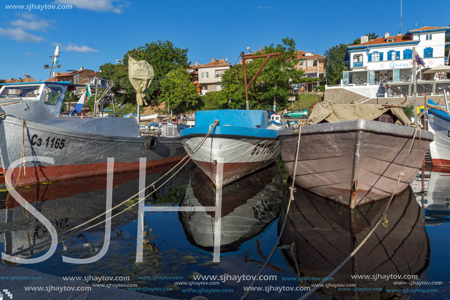 SOZOPOL, BULGARIA - JULY 12, 2016: Small Fishing boats at the port of town of Sozopol, Burgas Region, Bulgaria