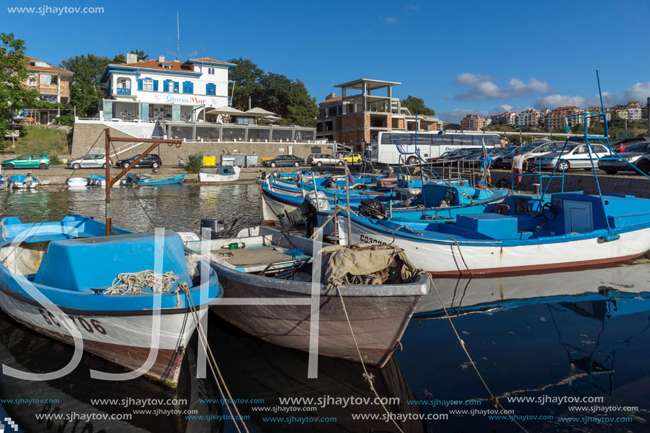 SOZOPOL, BULGARIA - JULY 12, 2016: Small Fishing boats at the port of town of Sozopol, Burgas Region, Bulgaria