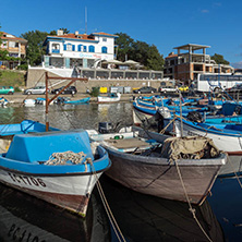 SOZOPOL, BULGARIA - JULY 12, 2016: Small Fishing boats at the port of town of Sozopol, Burgas Region, Bulgaria