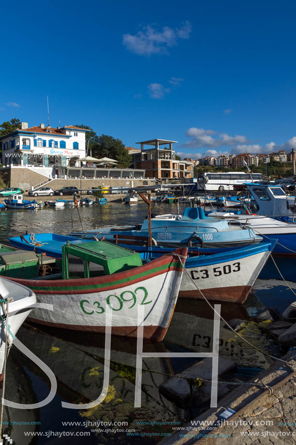 SOZOPOL, BULGARIA - JULY 12, 2016: Small Fishing boats at the port of town of Sozopol, Burgas Region, Bulgaria