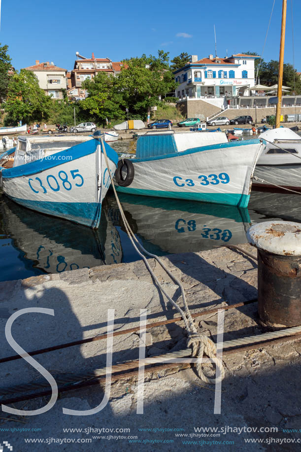 SOZOPOL, BULGARIA - JULY 12, 2016: Small Fishing boats at the port of town of Sozopol, Burgas Region, Bulgaria