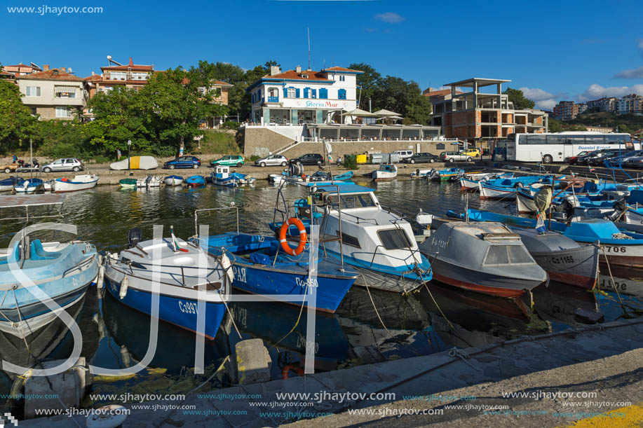 SOZOPOL, BULGARIA - JULY 12, 2016: Small Fishing boats at the port of town of Sozopol, Burgas Region, Bulgaria