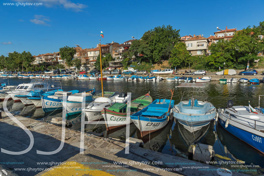 SOZOPOL, BULGARIA - JULY 12, 2016: Small Fishing boats at the port of town of Sozopol, Burgas Region, Bulgaria