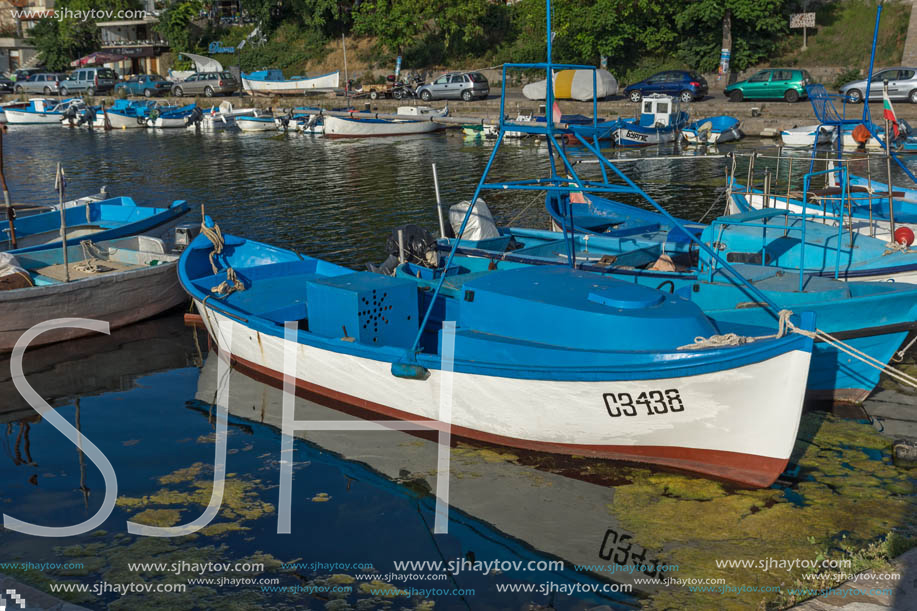 SOZOPOL, BULGARIA - JULY 12, 2016: Small Fishing boats at the port of town of Sozopol, Burgas Region, Bulgaria