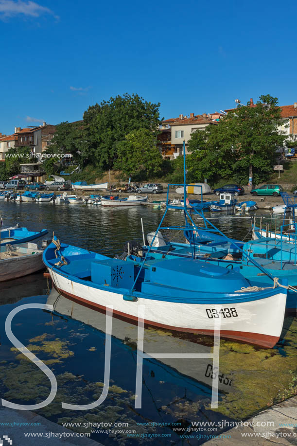 SOZOPOL, BULGARIA - JULY 12, 2016: Small Fishing boats at the port of town of Sozopol, Burgas Region, Bulgaria