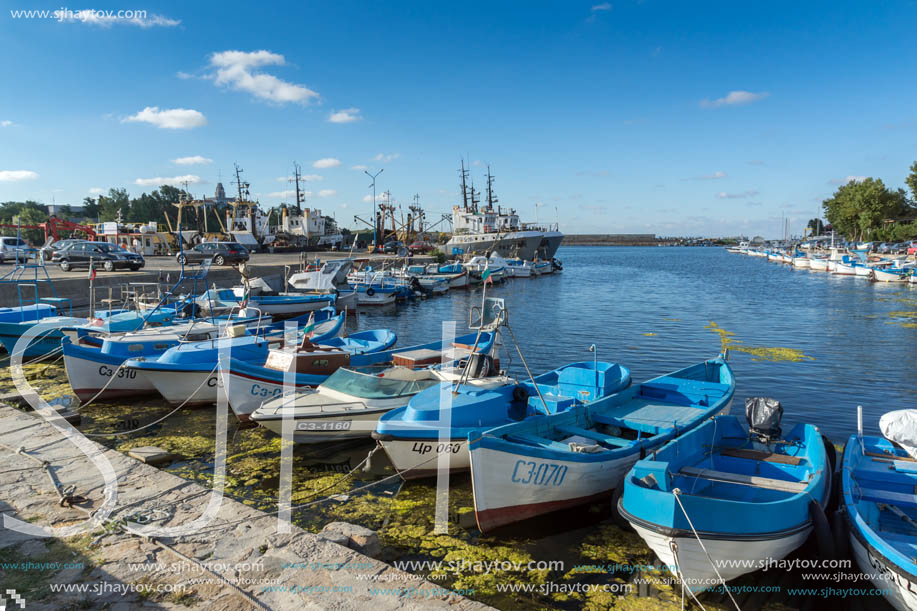 SOZOPOL, BULGARIA - JULY 12, 2016: Small Fishing boats at the port of town of Sozopol, Burgas Region, Bulgaria