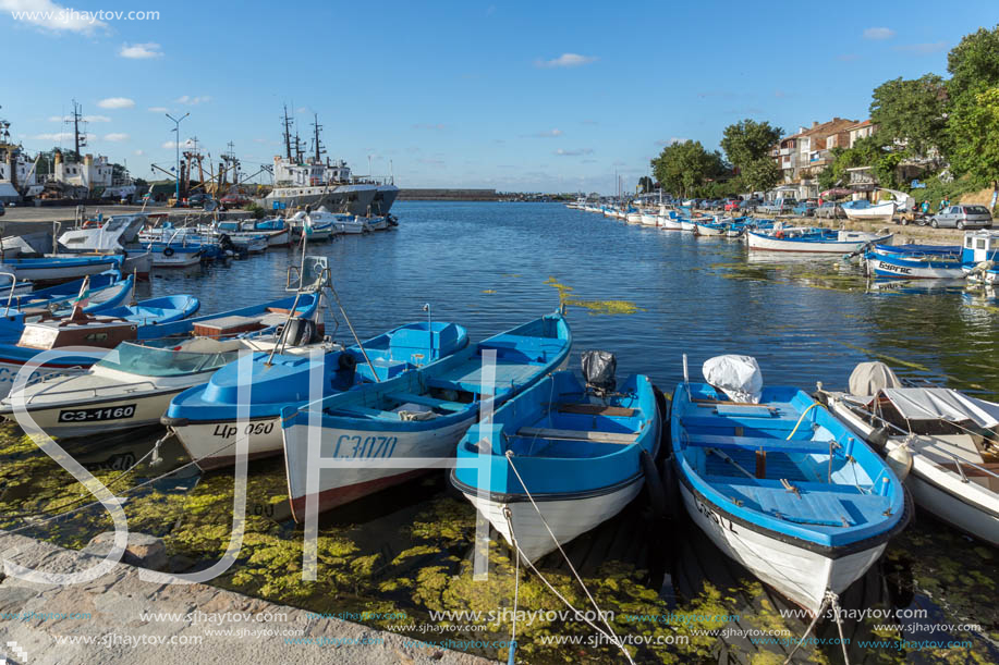 SOZOPOL, BULGARIA - JULY 12, 2016: Small Fishing boats at the port of town of Sozopol, Burgas Region, Bulgaria