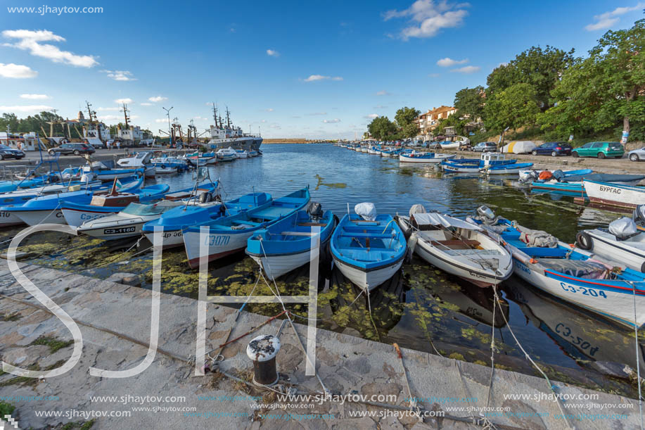 SOZOPOL, BULGARIA - JULY 12, 2016: Small Fishing boats at the port of town of Sozopol, Burgas Region, Bulgaria