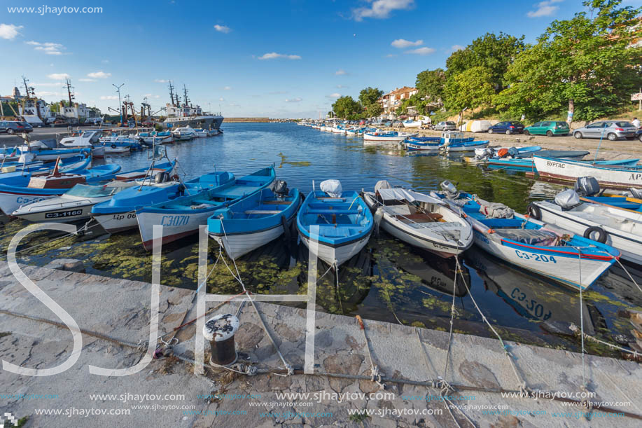 SOZOPOL, BULGARIA - JULY 12, 2016: Small Fishing boats at the port of town of Sozopol, Burgas Region, Bulgaria