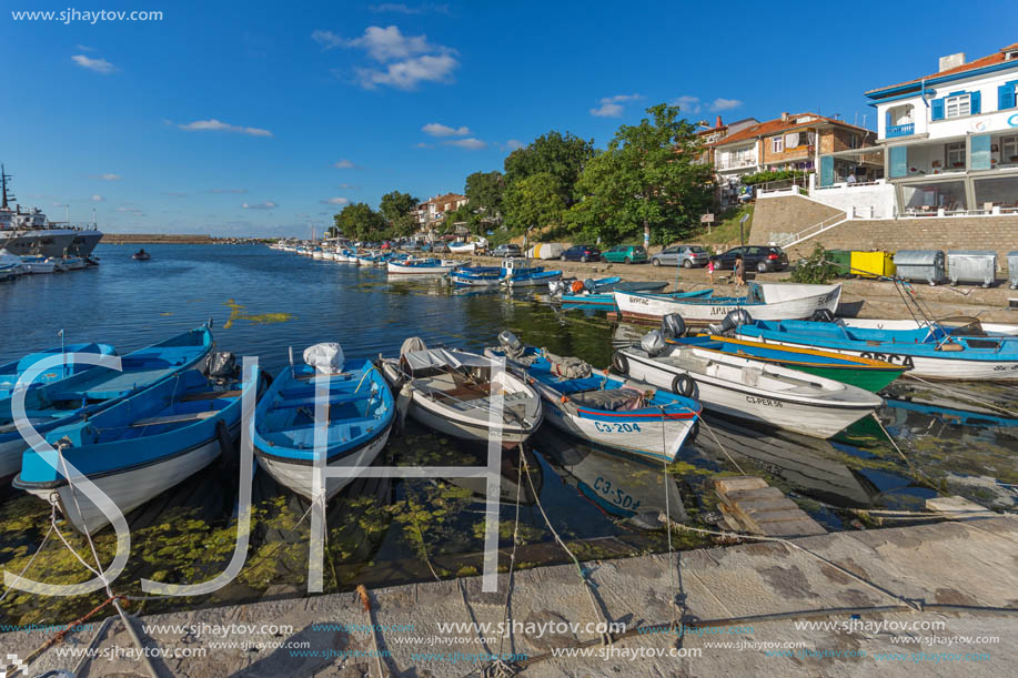 SOZOPOL, BULGARIA - JULY 12, 2016: Small Fishing boats at the port of town of Sozopol, Burgas Region, Bulgaria