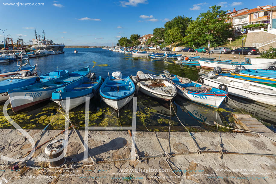 SOZOPOL, BULGARIA - JULY 12, 2016: Small Fishing boats at the port of town of Sozopol, Burgas Region, Bulgaria