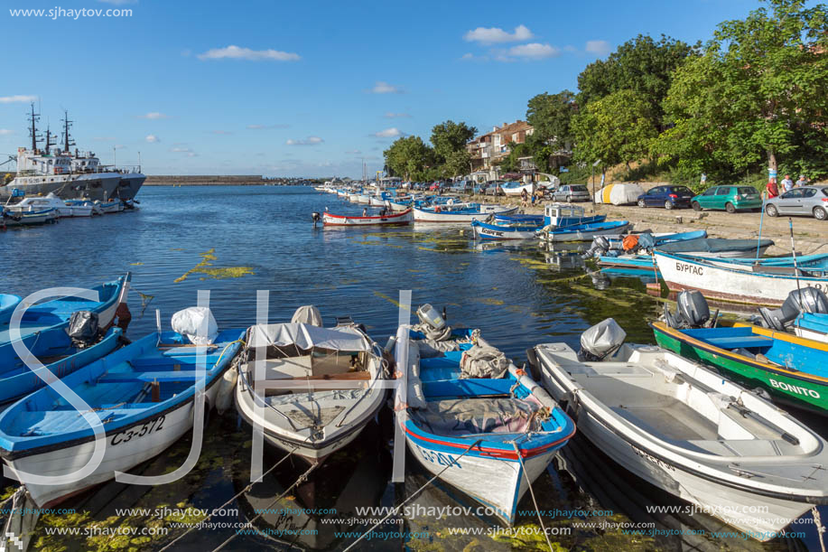 SOZOPOL, BULGARIA - JULY 12, 2016: Small Fishing boats at the port of town of Sozopol, Burgas Region, Bulgaria