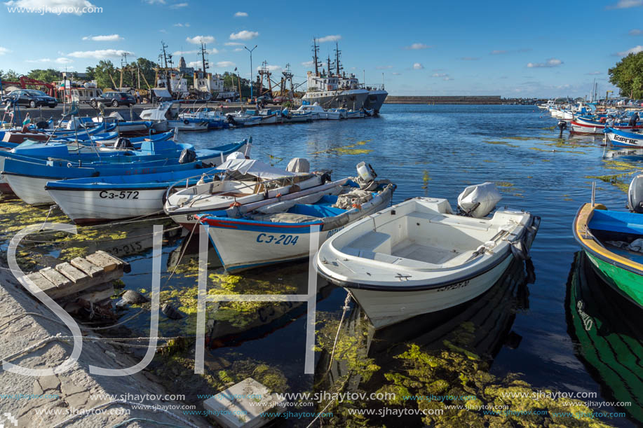 SOZOPOL, BULGARIA - JULY 12, 2016: Small Fishing boats at the port of town of Sozopol, Burgas Region, Bulgaria