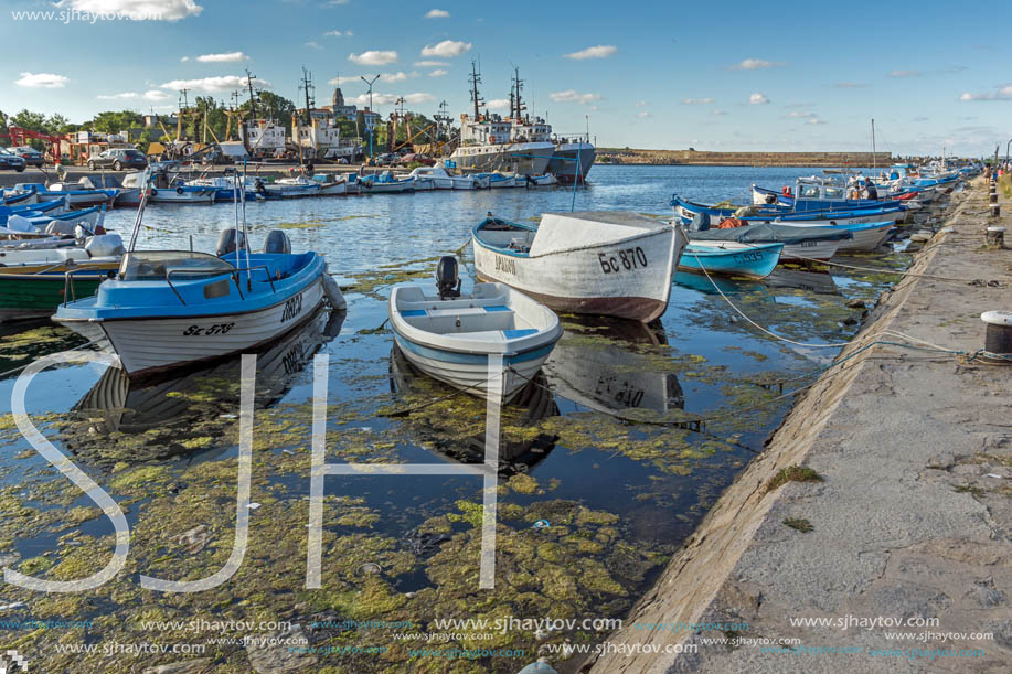 SOZOPOL, BULGARIA - JULY 12, 2016: Small Fishing boats at the port of town of Sozopol, Burgas Region, Bulgaria