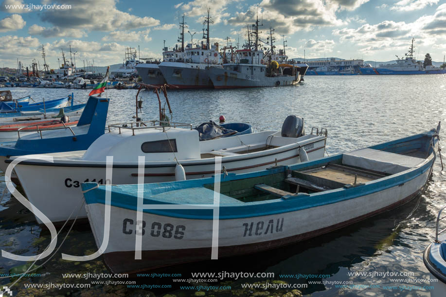 SOZOPOL, BULGARIA - JULY 12, 2016: Small Fishing boats at the port of town of Sozopol, Burgas Region, Bulgaria