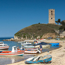 NEA FOKEA, KASSANDRA, CHALKIDIKI, GREECE - JUNE 24, 2014: Port of Nea Fokea at Kassandra peninsula, Chalkidiki, Central Macedonia, Greece