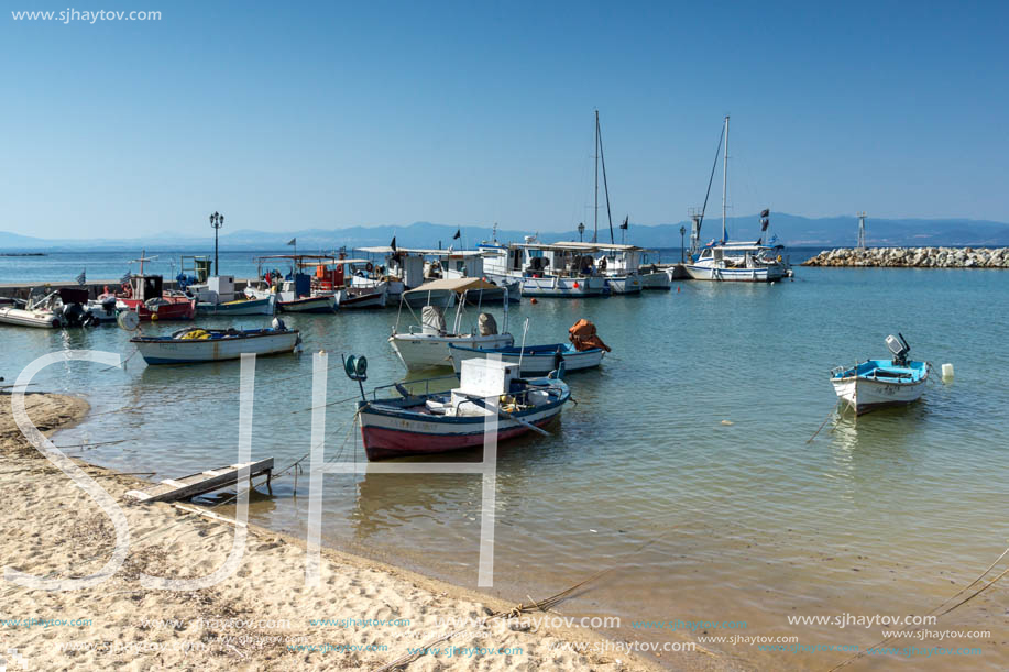 NEA FOKEA, KASSANDRA, CHALKIDIKI, GREECE - JUNE 24, 2014: Port of Nea Fokea at Kassandra peninsula, Chalkidiki, Central Macedonia, Greece