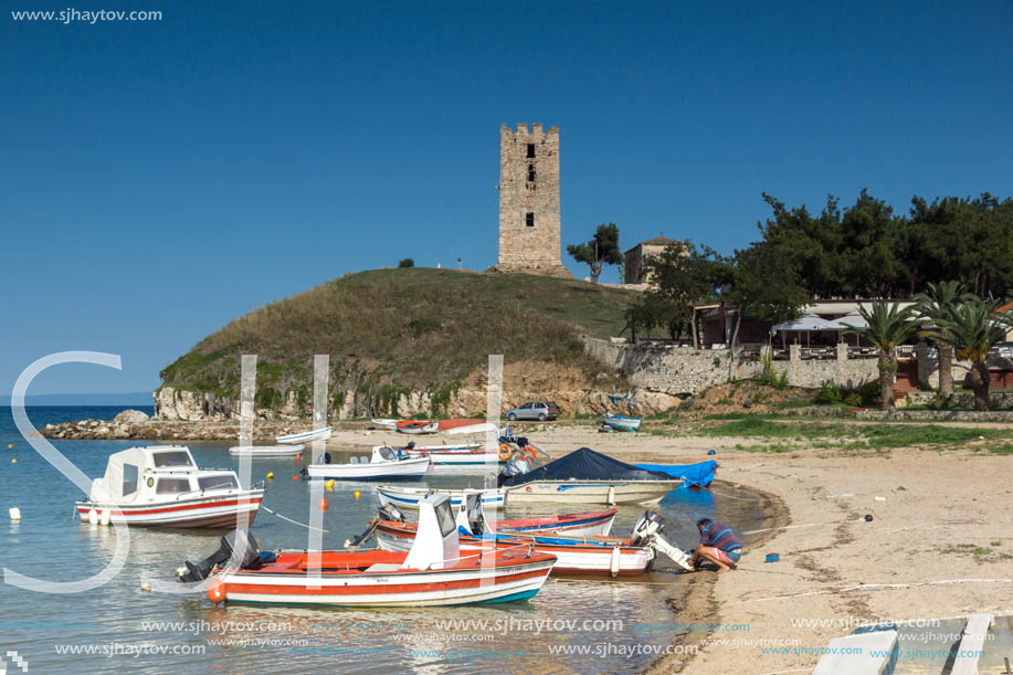 NEA FOKEA, KASSANDRA, CHALKIDIKI, GREECE - JUNE 24, 2014: Port of Nea Fokea at Kassandra peninsula, Chalkidiki, Central Macedonia, Greece