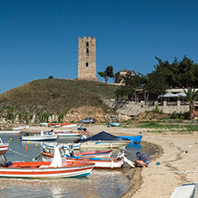 NEA FOKEA, KASSANDRA, CHALKIDIKI, GREECE - JUNE 24, 2014: Port of Nea Fokea at Kassandra peninsula, Chalkidiki, Central Macedonia, Greece