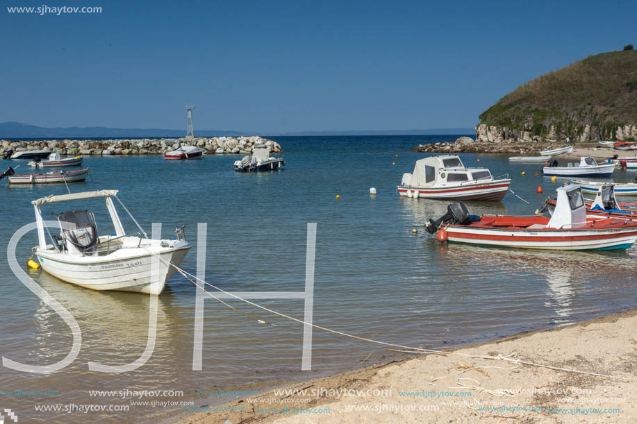 NEA FOKEA, KASSANDRA, CHALKIDIKI, GREECE - JUNE 24, 2014: Port of Nea Fokea at Kassandra peninsula, Chalkidiki, Central Macedonia, Greece