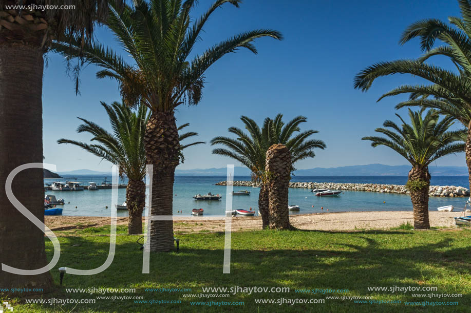 NEA FOKEA, KASSANDRA, CHALKIDIKI, GREECE - JUNE 24, 2014: Beach of Nea Fokea at Kassandra peninsula, Chalkidiki, Central Macedonia, Greece