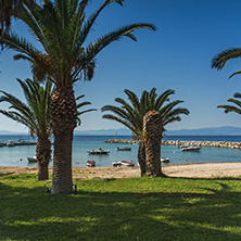 NEA FOKEA, KASSANDRA, CHALKIDIKI, GREECE - JUNE 24, 2014: Beach of Nea Fokea at Kassandra peninsula, Chalkidiki, Central Macedonia, Greece