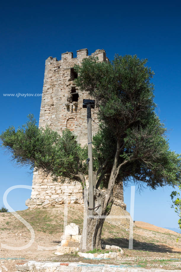 NEA FOKEA, KASSANDRA, CHALKIDIKI, GREECE - JUNE 24, 2014: Byzantine Tower in of Nea Fokea at Kassandra peninsula, Chalkidiki, Central Macedonia, Greece