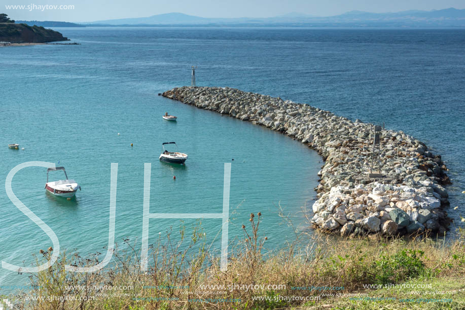 NEA FOKEA, KASSANDRA, CHALKIDIKI, GREECE - JUNE 24, 2014: Port of Nea Fokea at Kassandra peninsula, Chalkidiki, Central Macedonia, Greece