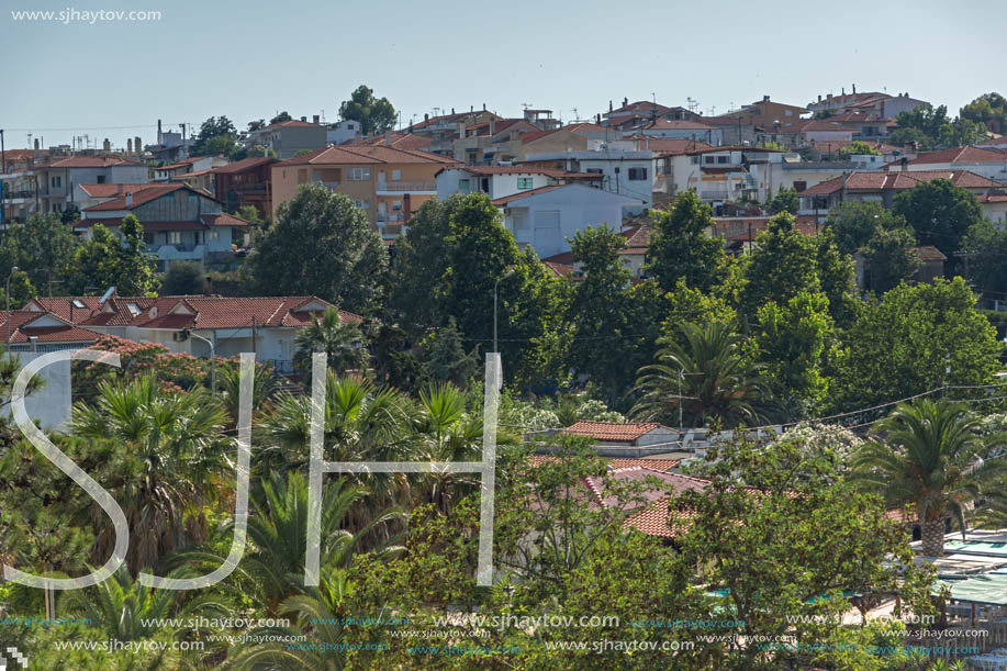 NEA FOKEA, KASSANDRA, CHALKIDIKI, GREECE - JUNE 24, 2014: Panorama to resort of Nea Fokea at Kassandra peninsula, Chalkidiki, Central Macedonia, Greece