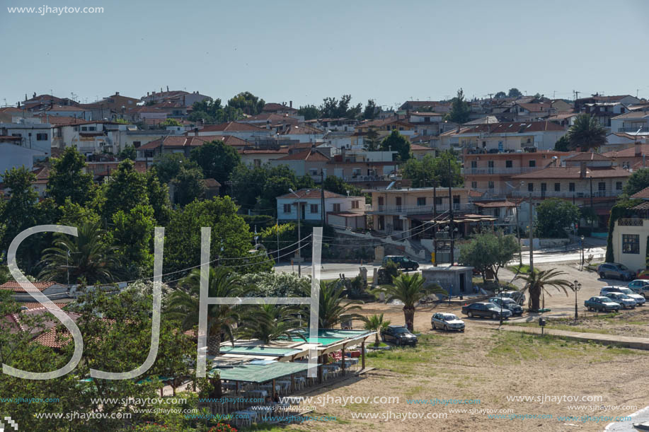 NEA FOKEA, KASSANDRA, CHALKIDIKI, GREECE - JUNE 24, 2014: Panorama to resort of Nea Fokea at Kassandra peninsula, Chalkidiki, Central Macedonia, Greece