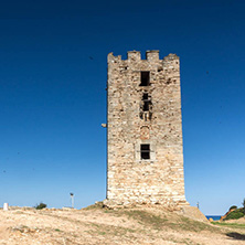 NEA FOKEA, KASSANDRA, CHALKIDIKI, GREECE - JUNE 24, 2014: Byzantine Tower in of Nea Fokea at Kassandra peninsula, Chalkidiki, Central Macedonia, Greece