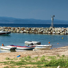 NEA FOKEA, KASSANDRA, CHALKIDIKI, GREECE - JUNE 24, 2014: Port of Nea Fokea at Kassandra peninsula, Chalkidiki, Central Macedonia, Greece