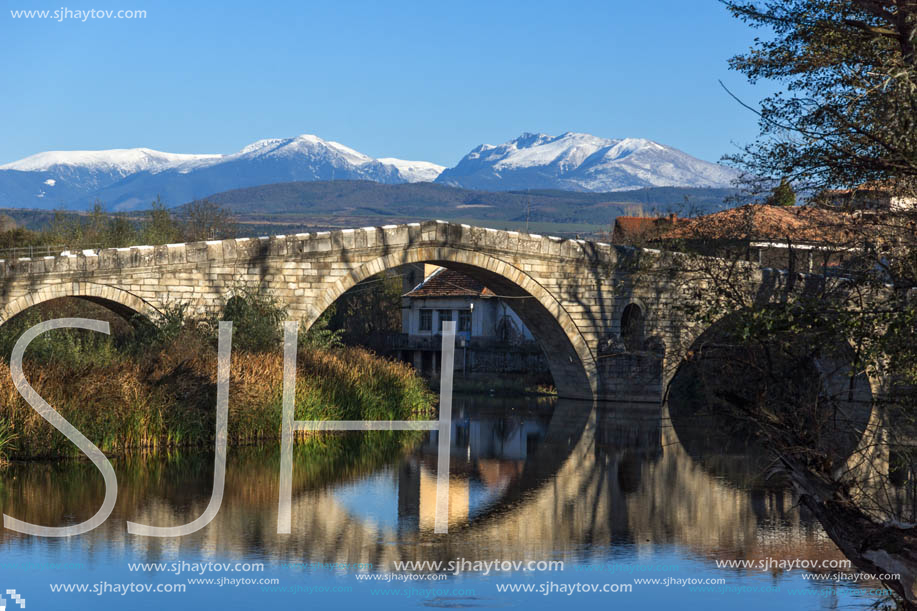 Autumn view of Kadin most - a 15th-century stone arch bridge over the Struma River at Nevestino, Kyustendil Province, Bulgaria