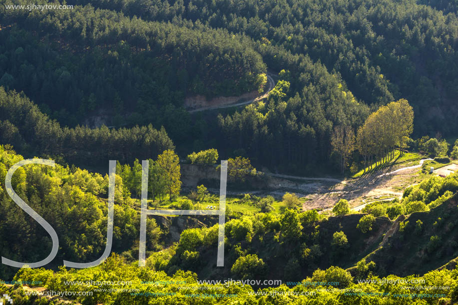 Amazing Spring Landscape near rock formation Stob pyramids, Rila Mountain, Kyustendil region, Bulgaria