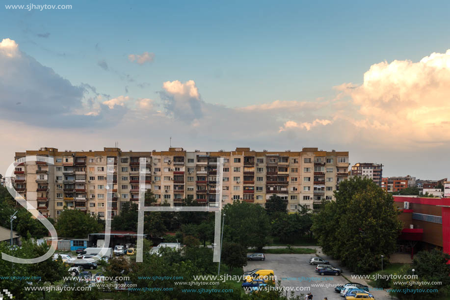 PLOVDIV, BULGARIA - AUGUST 3, 2018: Sunset view of Typical residential building from the communist period in city of Plovdiv, Bulgaria