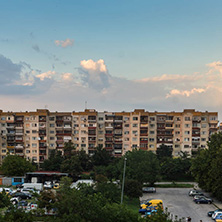 PLOVDIV, BULGARIA - AUGUST 3, 2018: Sunset view of Typical residential building from the communist period in city of Plovdiv, Bulgaria