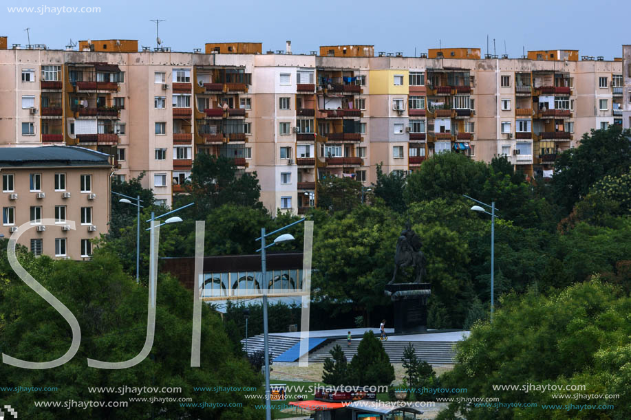 PLOVDIV, BULGARIA - AUGUST 3, 2018: Sunset view of Typical residential building from the communist period in city of Plovdiv, Bulgaria