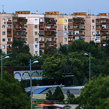 PLOVDIV, BULGARIA - AUGUST 3, 2018: Sunset view of Typical residential building from the communist period in city of Plovdiv, Bulgaria