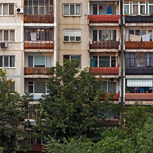 PLOVDIV, BULGARIA - AUGUST 3, 2018: Sunset view of Typical residential building from the communist period in city of Plovdiv, Bulgaria