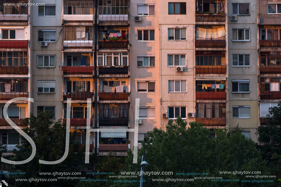 PLOVDIV, BULGARIA - AUGUST 3, 2018: Sunset view of Typical residential building from the communist period in city of Plovdiv, Bulgaria