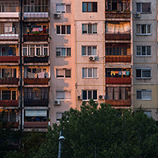 PLOVDIV, BULGARIA - AUGUST 3, 2018: Sunset view of Typical residential building from the communist period in city of Plovdiv, Bulgaria