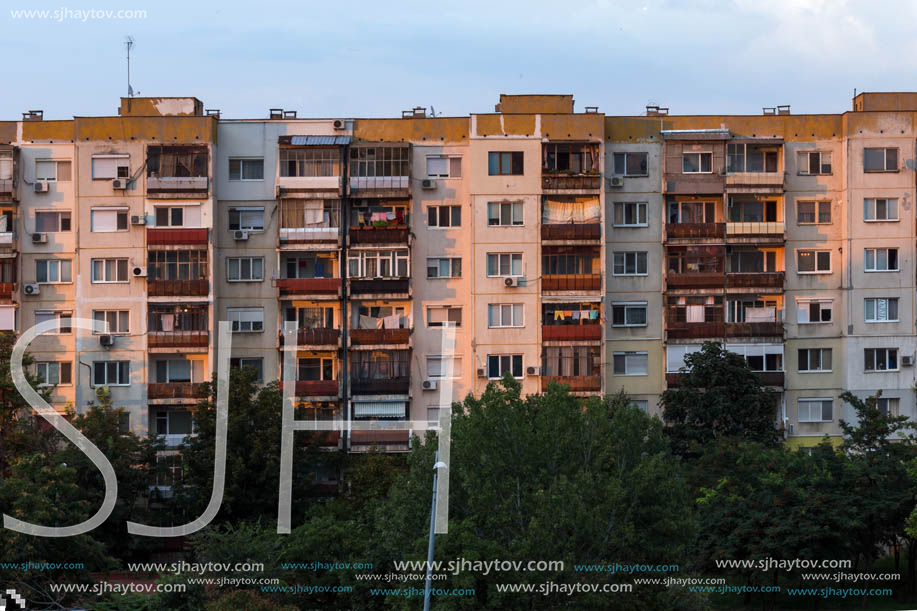 PLOVDIV, BULGARIA - AUGUST 3, 2018: Sunset view of Typical residential building from the communist period in city of Plovdiv, Bulgaria