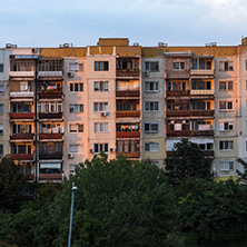 PLOVDIV, BULGARIA - AUGUST 3, 2018: Sunset view of Typical residential building from the communist period in city of Plovdiv, Bulgaria