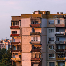 PLOVDIV, BULGARIA - AUGUST 3, 2018: Sunset view of Typical residential building from the communist period in city of Plovdiv, Bulgaria