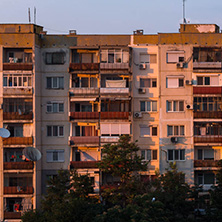 PLOVDIV, BULGARIA - AUGUST 3, 2018: Sunset view of Typical residential building from the communist period in city of Plovdiv, Bulgaria