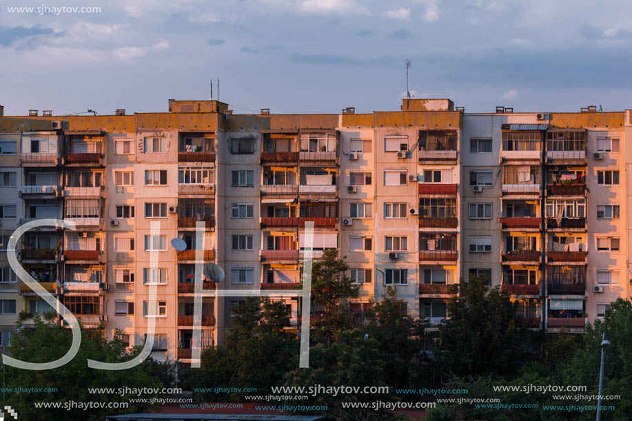 PLOVDIV, BULGARIA - AUGUST 3, 2018: Sunset view of Typical residential building from the communist period in city of Plovdiv, Bulgaria