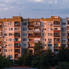 PLOVDIV, BULGARIA - AUGUST 3, 2018: Sunset view of Typical residential building from the communist period in city of Plovdiv, Bulgaria