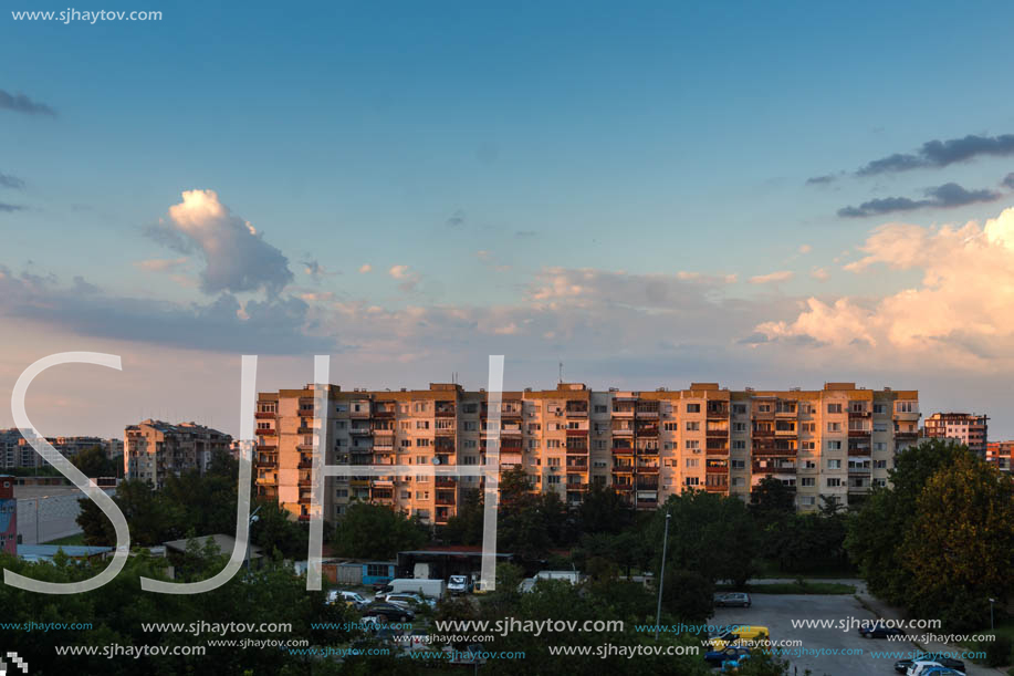 PLOVDIV, BULGARIA - AUGUST 3, 2018: Sunset view of Typical residential building from the communist period in city of Plovdiv, Bulgaria