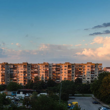 PLOVDIV, BULGARIA - AUGUST 3, 2018: Sunset view of Typical residential building from the communist period in city of Plovdiv, Bulgaria