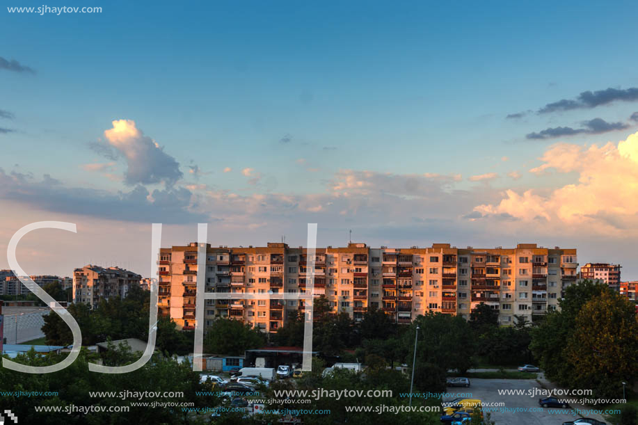 PLOVDIV, BULGARIA - AUGUST 3, 2018: Sunset view of Typical residential building from the communist period in city of Plovdiv, Bulgaria